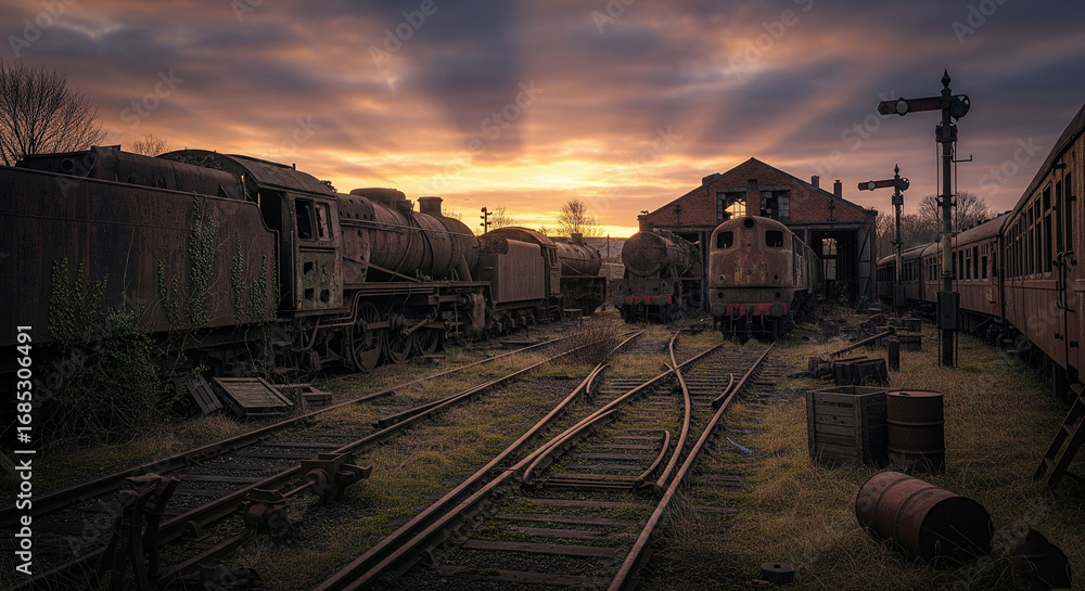 Obraz premium Abandoned steam trains rest in a derelict railyard at sunset, a scene of industrial decay and forgotten history.