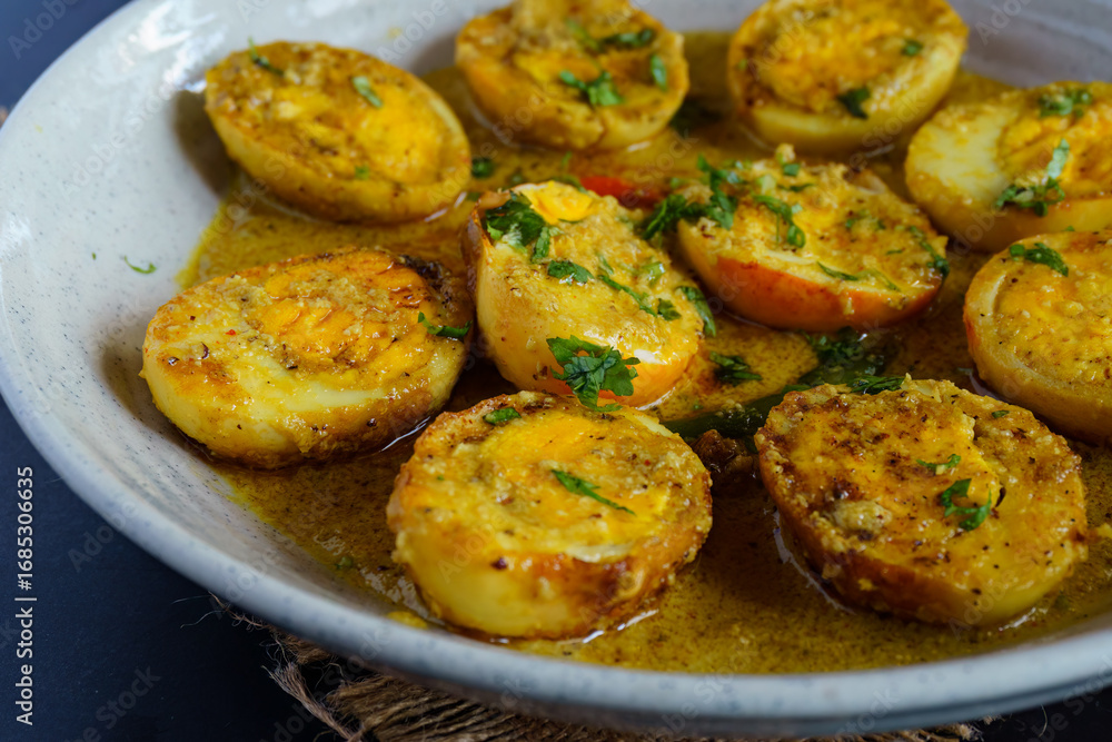 Fototapeta premium Traditional Bengali egg malaicurry or dim malaikari, boiled eggs cooked in rich coconut milk gravy with spices, authentic Indian curry from Bengal cuisine served with steamed rice as festive meal 
