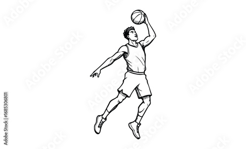 Male basketball player dunking illustration. Vector retro hand drawn illustration