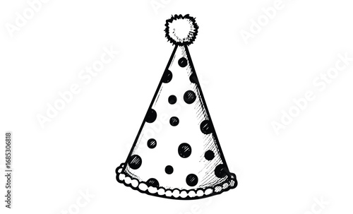 Black and white polka dot party hat illustration with pom pom detail. Vector retro hand drawn illustration
