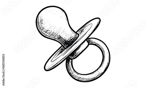 Hand-drawn black-and-white baby pacifier illustration with ring. Vector retro hand drawn illustration