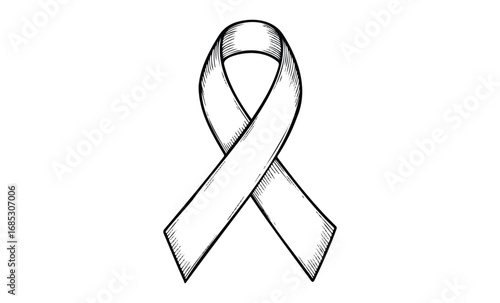 Black and white awareness ribbon illustration for cancer and support causes. Vector retro hand drawn illustration