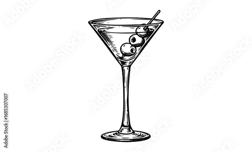 Vintage martini glass with olives sketch. Vector retro hand drawn illustration