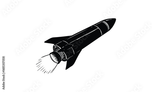 Black and white rocket sketch with flames depiction in motion. Vector retro hand drawn illustration