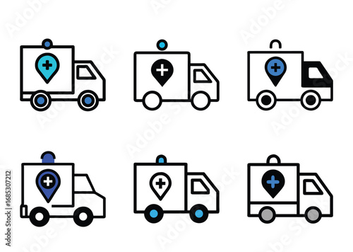 Collection of diverse vector ambulance icon designs representing emergency medical services