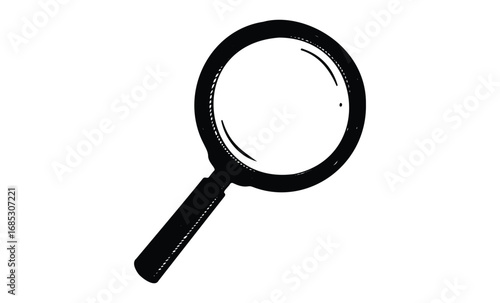 Black and white drawing of a magnifying glass. Vector retro hand drawn illustration