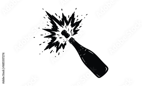 Black and white illustration of a champagne bottle popping with explosion. Vector retro hand drawn illustration