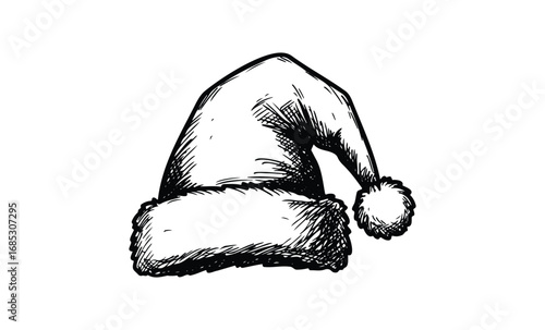 Vintage sketch of santa hat with fluffy pom-pom and fur trim. Vector retro hand drawn illustration