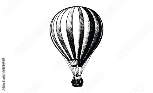 Vintage hand-drawn hot air balloon illustration in black and white. Vector retro hand drawn illustration