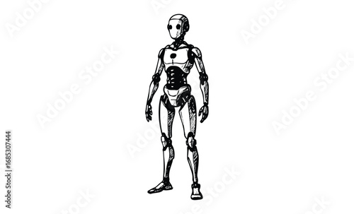 Futuristic humanoid robot sketch in black and white. Vector retro hand drawn illustration