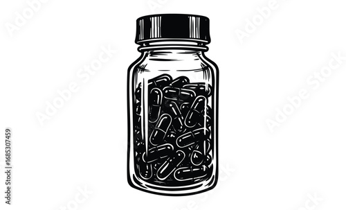 Black and white illustration of a pill bottle filled with capsules. Vector retro hand drawn illustration