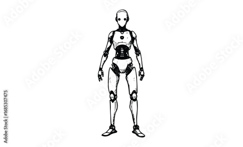 Futuristic humanoid robot with mechanical joints and sleek design. Vector retro hand drawn illustration
