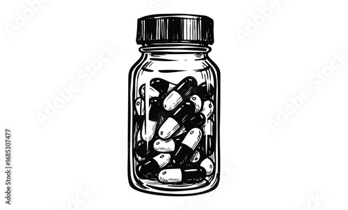 Black and white illustration of medicine bottle with capsules. Vector retro hand drawn illustration