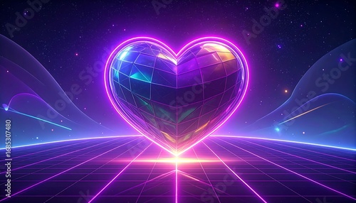Retro heart, glowing, grid