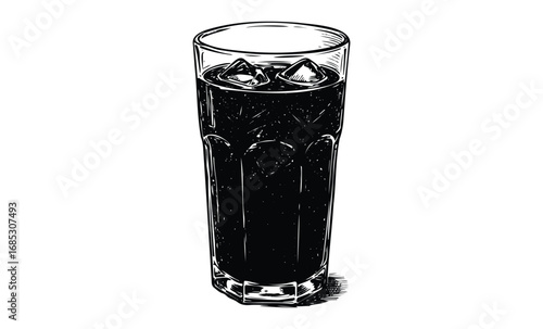Tall glass of iced cola with ice cubes in black and white line art. Vector retro hand drawn illustration
