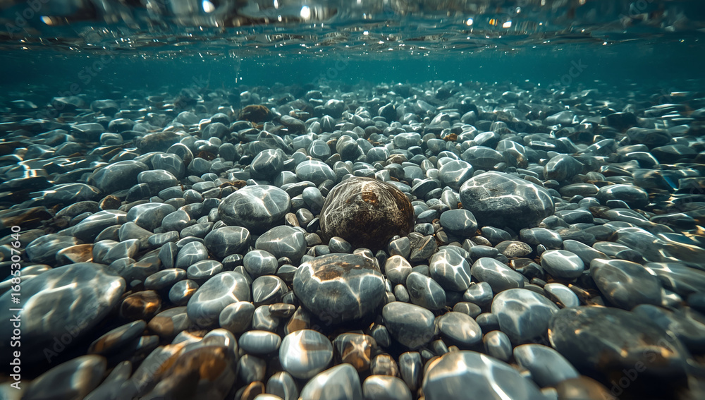 Obraz premium Underwater Riverbed Scene with Smooth Stones and Clear Water Reflection