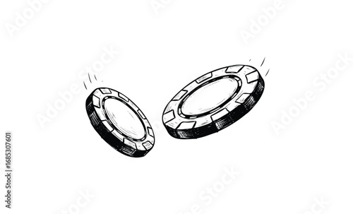 Hand-drawn casino chips in motion with sketch style. Vector retro hand drawn illustration