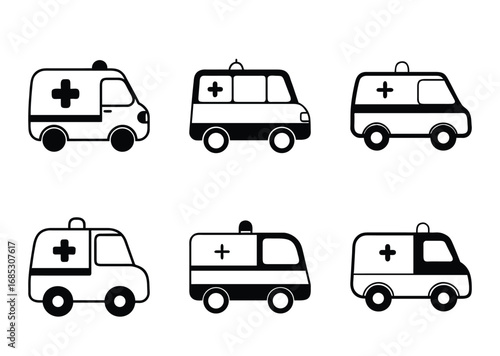 Collection of simple black and white ambulance car icons in different styles