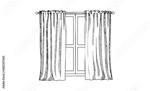 Elegant draped curtains on window in black and white sketch. Vector retro hand drawn illustration