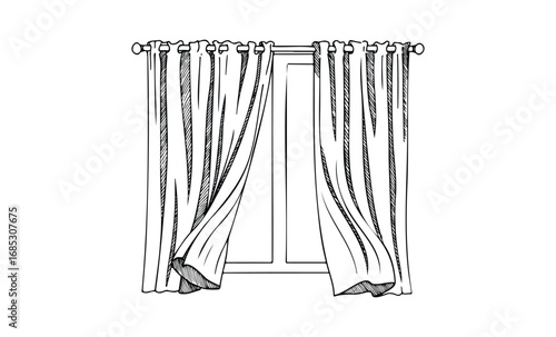 Elegant flowing curtains on classic window rod with open window view. Vector retro hand drawn illustration