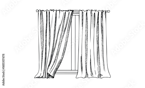 Sketch of opened curtains on rod with draped fabric. Vector retro hand drawn illustration
