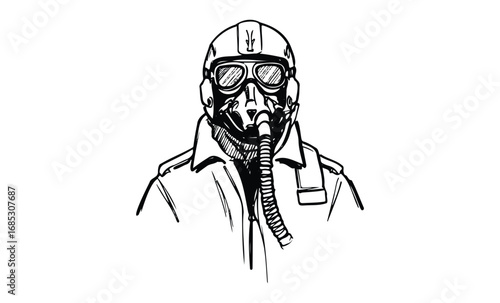Black and white drawing of a pilot with helmet and oxygen mask. Vector retro hand drawn illustration