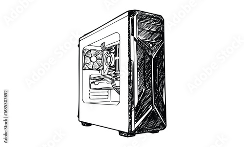 Black and white sketch of a computer case with fans and cables. Vector retro hand drawn illustration
