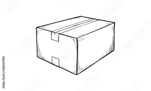 Hand-drawn cardboard box illustration with tape seams. Vector retro hand drawn illustration