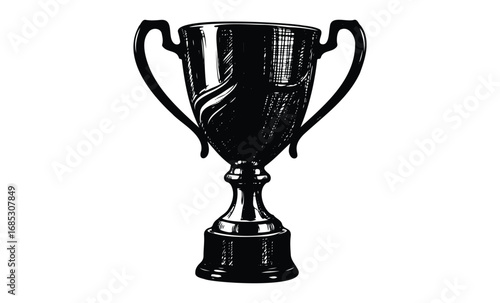 Detailed black and white trophy illustration with ornate handles. Vector retro hand drawn illustration