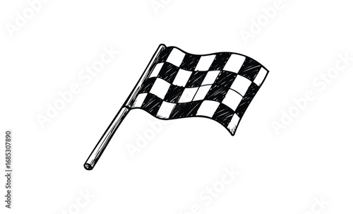 Black and white checkered racing flag illustration. Vector retro hand drawn illustration