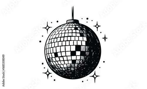 Black and white disco ball with sparkles. Vector retro hand drawn illustration