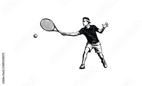 Male tennis player in action with racket and ball sketch. Vector retro hand drawn illustration