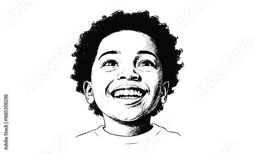 Joyful expression of african young child in black and white illustration. Vector retro hand drawn illustration
