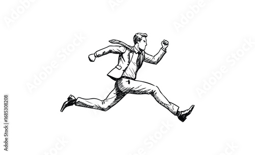 Dynamic sketch of male businessman in mid-stride wearing suit and tie. Vector retro hand drawn illustration