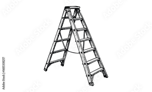Sketch of a classic a-frame ladder with detailed steps. Vector retro hand drawn illustration