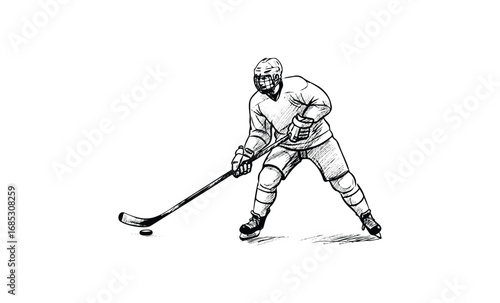 Sketch of male ice hockey player in motion with stick and puck. Vector retro hand drawn illustration