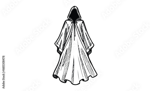 Mysterious hooded cloak illustration with empty face in black and white drawing style. Vector retro hand drawn illustration