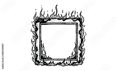 Hand-drawn burning frame illustration: decorative border with flames and blank center. Vector retro hand drawn illustration
