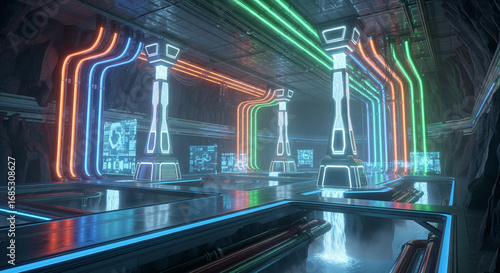 A high-tech underground cavern houses a futuristic power station with vibrant neon energy conduits and glowing data pillars.