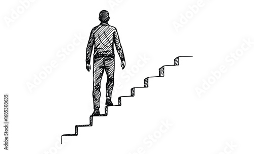 Male figure sketch ascending staircase concept of growth and progress. Vector retro hand drawn illustration