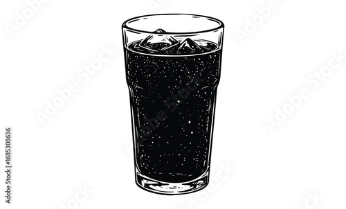 Detailed black and white illustration of a sparkling soda beverage in a tumbler glass. Vector retro hand drawn illustration