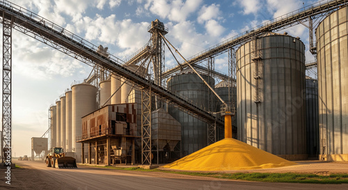 A large agricultural grain processing facility with numerous silos and a front-loader moving a pile of grain.