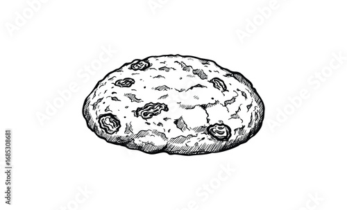 Hand-drawn raisin cookie sketch with crumbs and detailed texture. Vector retro hand drawn illustration