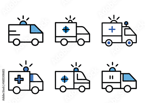 Set of Cartoon Style Ambulance Icons Representing Medical Emergency Transport Services