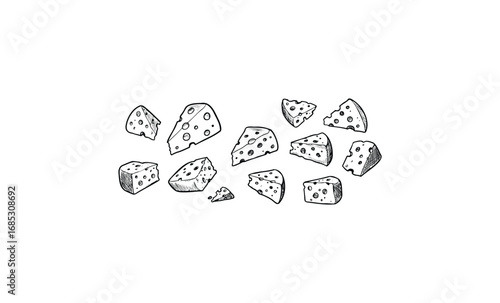 Variety of hand-drawn cheese wedges in black and white. Vector retro hand drawn illustration