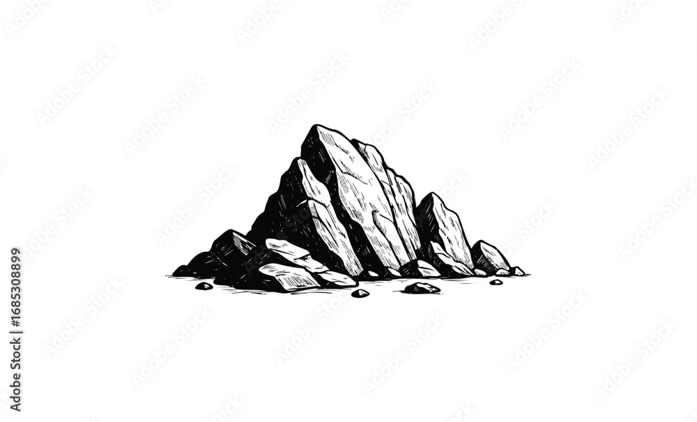 Naklejka premium Monochrome illustration of jagged rock formation. Vector retro hand drawn illustration