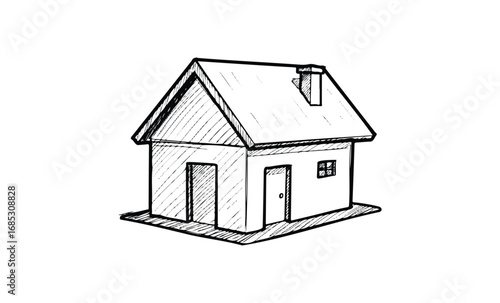 Hand-drawn sketch of a small house with chimney and gabled roof. Vector retro hand drawn illustration