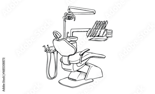 Detailed illustration of dental chair with instruments for professional clinic setup. Vector retro hand drawn illustration