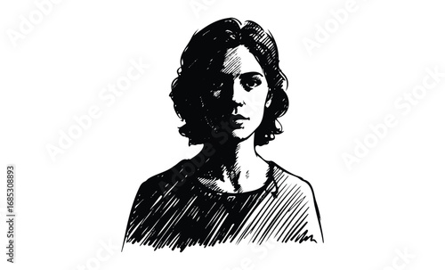 Monochrome sketch of a young caucasian female with short curly hair. Vector retro hand drawn illustration