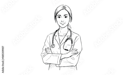 Female doctor sketch in lab coat with stethoscope asian young professional medical illustration. Vector retro hand drawn illustration
